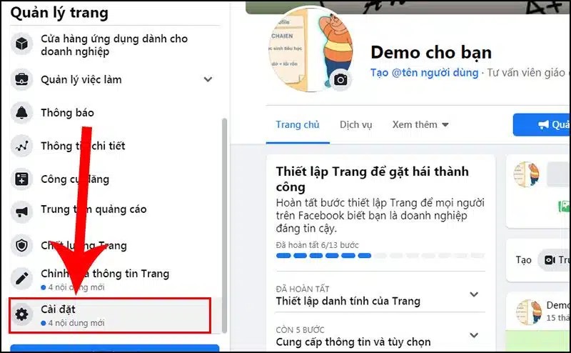 Vào phần cài đặt của trang